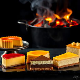A hyper-realistic image featuring a tempting display of sliced desserts including flan, chocoflan, cheesecake, limón carlota, and pastel de tres leches