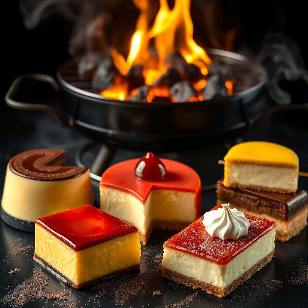 A hyper-realistic image featuring a tempting display of sliced desserts including flan, chocoflan, cheesecake, limón carlota, and pastel de tres leches