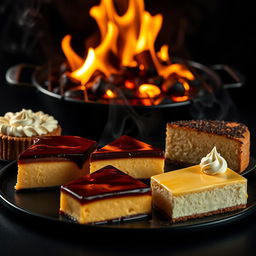 A hyper-realistic image featuring a tempting display of sliced desserts including flan, chocoflan, cheesecake, limón carlota, and pastel de tres leches