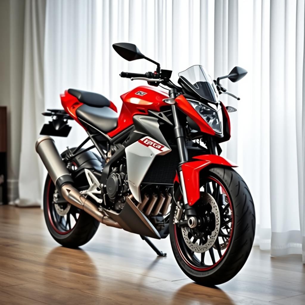 A striking red and silver sports motorcycle parked elegantly in a room, complemented by a flowing white curtain in the background