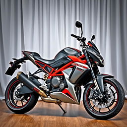 A striking red and silver sports motorcycle parked elegantly in a room, complemented by a flowing white curtain in the background
