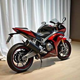 A striking red and silver sports motorcycle parked elegantly in a room, complemented by a flowing white curtain in the background