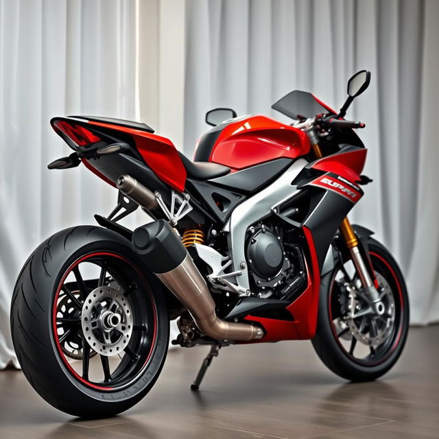 A striking red and silver sports motorcycle parked elegantly in a room, complemented by a flowing white curtain in the background
