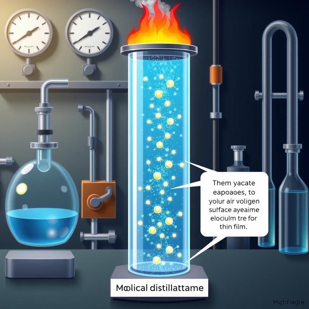 A detailed illustration of molecular distillation, featuring a laboratory setup with a vertical thin film distillation apparatus