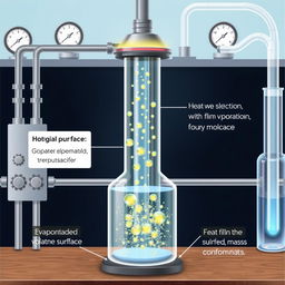 A detailed illustration of molecular distillation, featuring a laboratory setup with a vertical thin film distillation apparatus