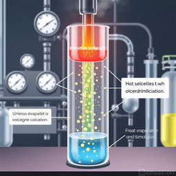A detailed illustration of molecular distillation, featuring a laboratory setup with a vertical thin film distillation apparatus