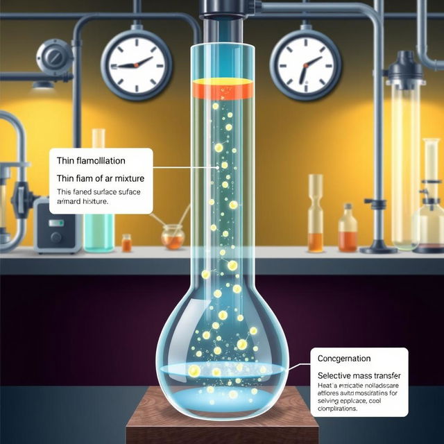 A detailed illustration of molecular distillation, featuring a laboratory setup with a vertical thin film distillation apparatus