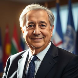 A portrait of Antonio Guterres, the Secretary-General of the United Nations, with a radiant and ethereal aura