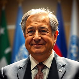 A portrait of Antonio Guterres, the Secretary-General of the United Nations, with a radiant and ethereal aura