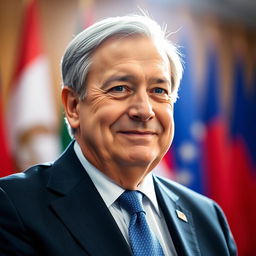 A portrait of Antonio Guterres, the Secretary-General of the United Nations, with a radiant and ethereal aura