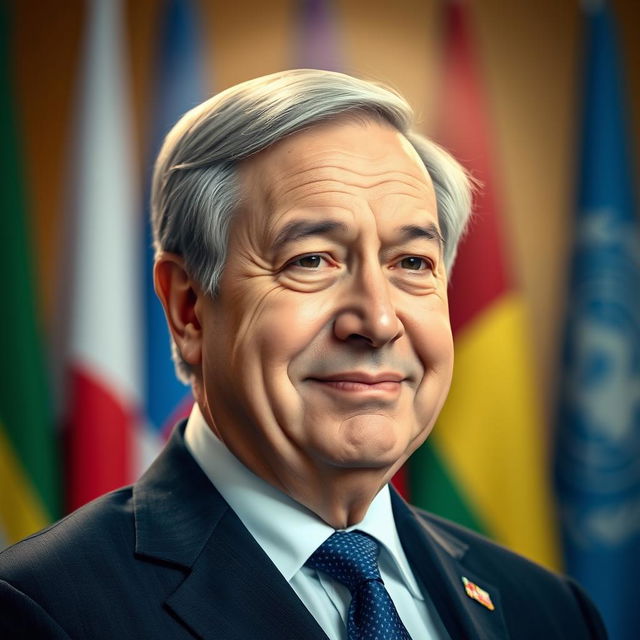 A portrait of Antonio Guterres, the Secretary-General of the United Nations, with a radiant and ethereal aura