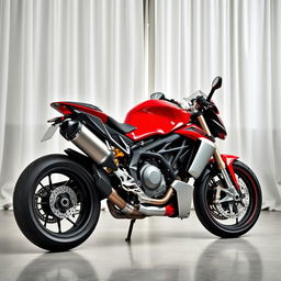 A captivating image of a red and silver MV Agusta sports motorcycle parked elegantly in a room, featuring a soft, flowing white curtain in the background