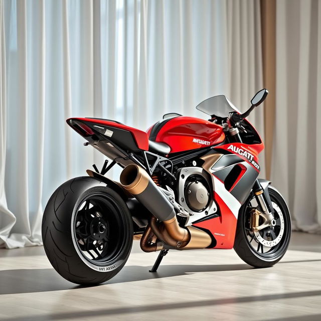 A captivating image of a red and silver MV Agusta sports motorcycle parked elegantly in a room, featuring a soft, flowing white curtain in the background