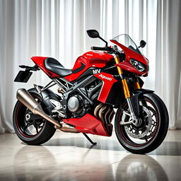 A captivating image of a red and silver MV Agusta sports motorcycle parked elegantly in a room, featuring a soft, flowing white curtain in the background