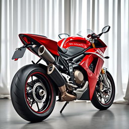 A captivating image of a red and silver MV Agusta sports motorcycle parked elegantly in a room, featuring a soft, flowing white curtain in the background