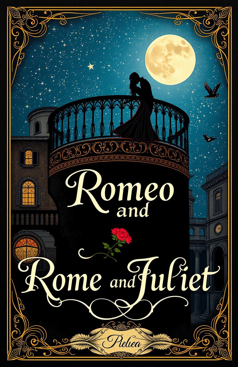 A visually captivating book cover design inspired by the themes of Romeo and Juliet, featuring a romantic and tragic atmosphere