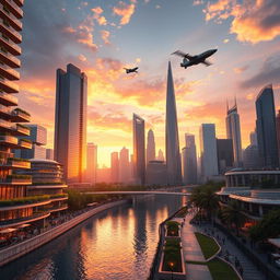 A stunning and dramatic skyline view of a futuristic city during sunset, featuring gleaming skyscrapers with reflective glass surfaces that catch the warm hues of the setting sun
