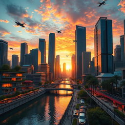 A stunning and dramatic skyline view of a futuristic city during sunset, featuring gleaming skyscrapers with reflective glass surfaces that catch the warm hues of the setting sun