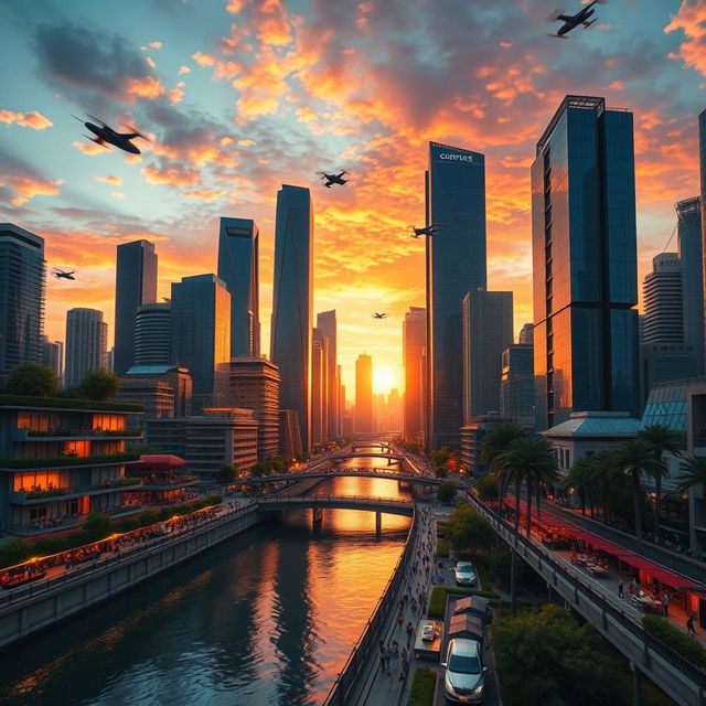A stunning and dramatic skyline view of a futuristic city during sunset, featuring gleaming skyscrapers with reflective glass surfaces that catch the warm hues of the setting sun