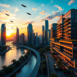 A stunning and dramatic skyline view of a futuristic city during sunset, featuring gleaming skyscrapers with reflective glass surfaces that catch the warm hues of the setting sun