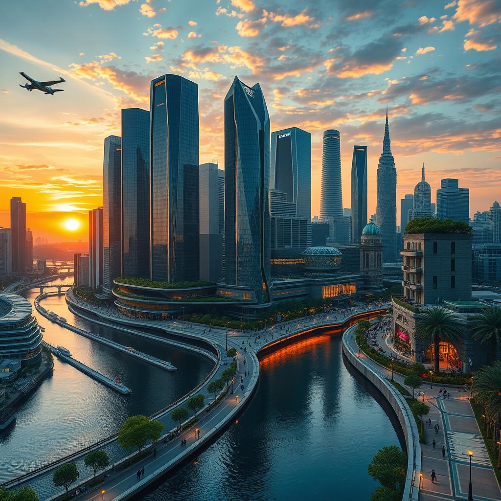 A stunning and dramatic skyline view of a futuristic city during sunset, featuring gleaming skyscrapers with reflective glass surfaces that catch the warm hues of the setting sun
