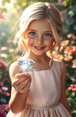 A beautiful blonde girl holding a dazzling diamond with the name 'Sara' engraved on it