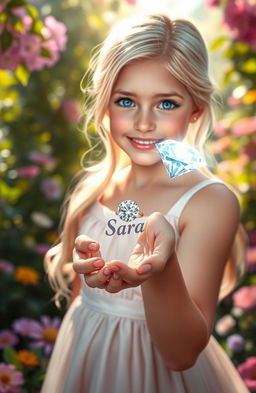 A beautiful blonde girl holding a dazzling diamond with the name 'Sara' engraved on it