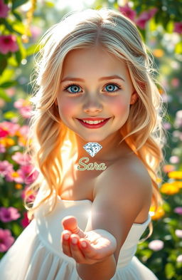 A beautiful blonde girl holding a dazzling diamond with the name 'Sara' engraved on it