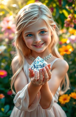 A beautiful blonde girl holding a dazzling diamond with the name 'Sara' engraved on it