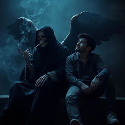 An enigmatic scene of the Angel of Death sitting beside a contemplative individual
