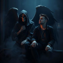 An enigmatic scene of the Angel of Death sitting beside a contemplative individual