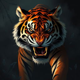 An artistic representation of an angry tiger with intense expression, showcasing bold and vivid colors against a dark, moody background