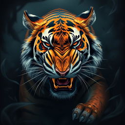 An artistic representation of an angry tiger with intense expression, showcasing bold and vivid colors against a dark, moody background