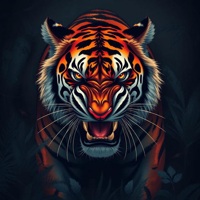 An artistic representation of an angry tiger with intense expression, showcasing bold and vivid colors against a dark, moody background