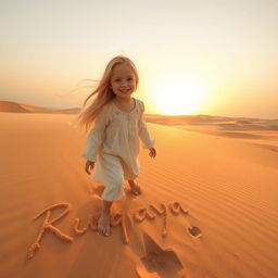 A captivating scene of a young blonde girl named Ruqaya playing in a vast desert