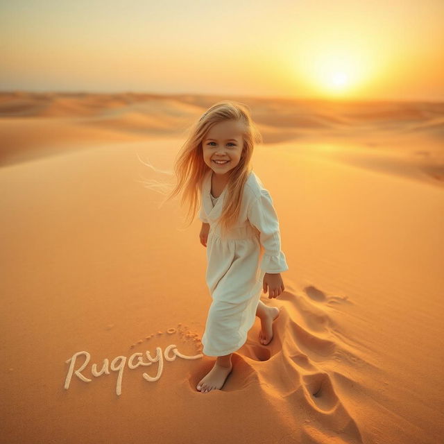 A captivating scene of a young blonde girl named Ruqaya playing in a vast desert