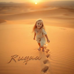 A captivating scene of a young blonde girl named Ruqaya playing in a vast desert