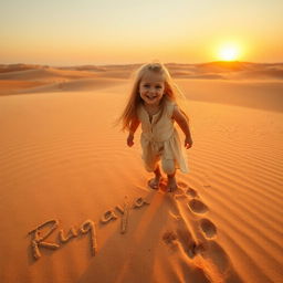 A captivating scene of a young blonde girl named Ruqaya playing in a vast desert