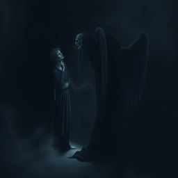 A dramatic scene depicting a person sitting in a shadowy, atmospheric environment, smoking a cigarette
