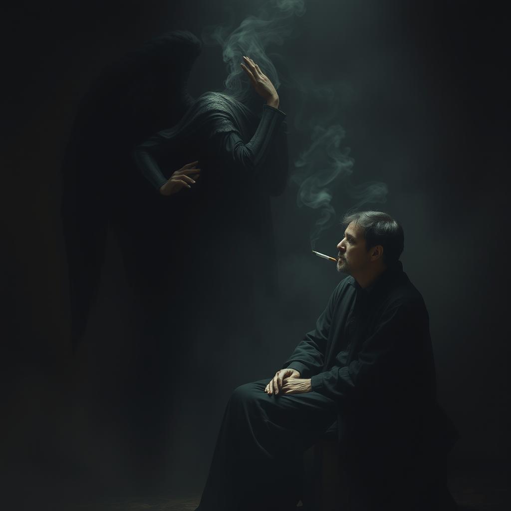 A dramatic scene depicting a person sitting in a shadowy, atmospheric environment, smoking a cigarette