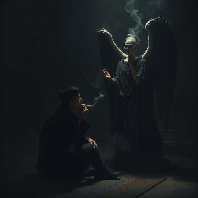 A dramatic scene depicting a person sitting in a shadowy, atmospheric environment, smoking a cigarette