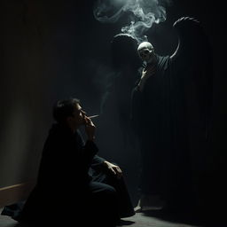 A dramatic scene depicting a person sitting in a shadowy, atmospheric environment, smoking a cigarette