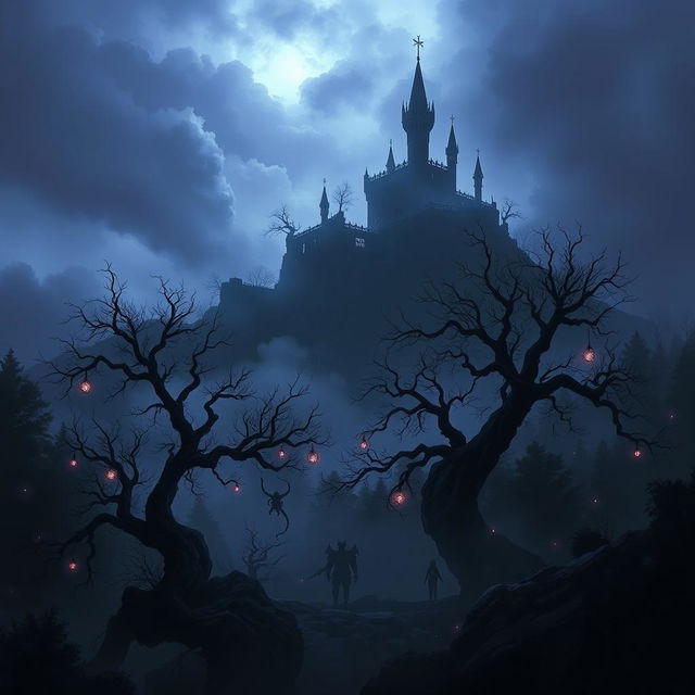 A mysterious realm called the 'Kingdom of Shadows', filled with dark forests and ethereal mist, ancient twisted trees, and glowing orbs of light floating in the air