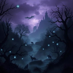 A mysterious realm called the 'Kingdom of Shadows', filled with dark forests and ethereal mist, ancient twisted trees, and glowing orbs of light floating in the air