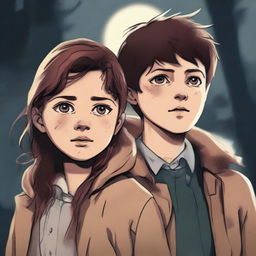 A high-quality digital art image captures a 14-year-old girl and a 6-year-old boy, the children of Castiel