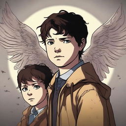 A high-quality digital art image captures a 14-year-old girl and a 6-year-old boy, the children of Castiel