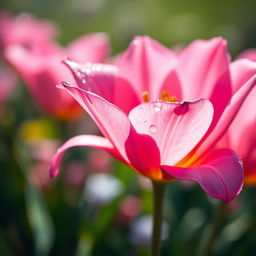 A highly detailed and colorful artistic depiction of a vibrant pink flower, resembling a beautiful lily or tulip, with petals that have a unique squirt-like appearance, droplets of dew glistening on the petals under the sunlight