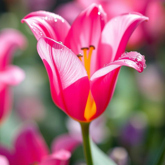 A highly detailed and colorful artistic depiction of a vibrant pink flower, resembling a beautiful lily or tulip, with petals that have a unique squirt-like appearance, droplets of dew glistening on the petals under the sunlight