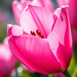 A highly detailed and colorful artistic depiction of a vibrant pink flower, resembling a beautiful lily or tulip, with petals that have a unique squirt-like appearance, droplets of dew glistening on the petals under the sunlight