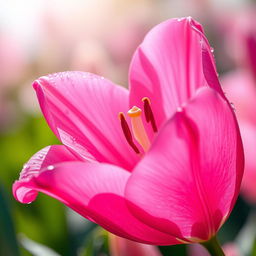 A highly detailed and colorful artistic depiction of a vibrant pink flower, resembling a beautiful lily or tulip, with petals that have a unique squirt-like appearance, droplets of dew glistening on the petals under the sunlight